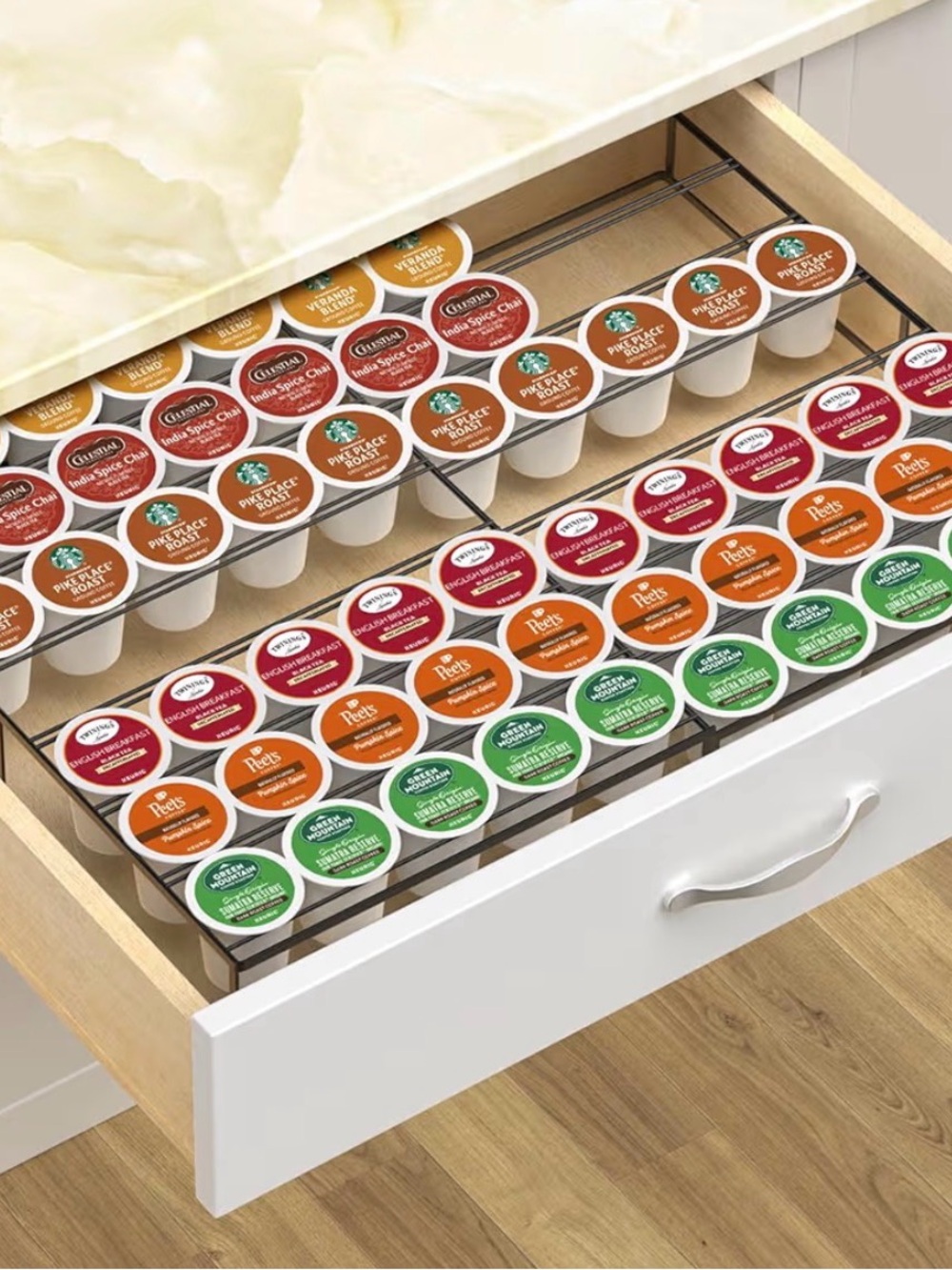 Expandable Drawer or counter K-Cup coffee pod Organizer - holds 60 pods